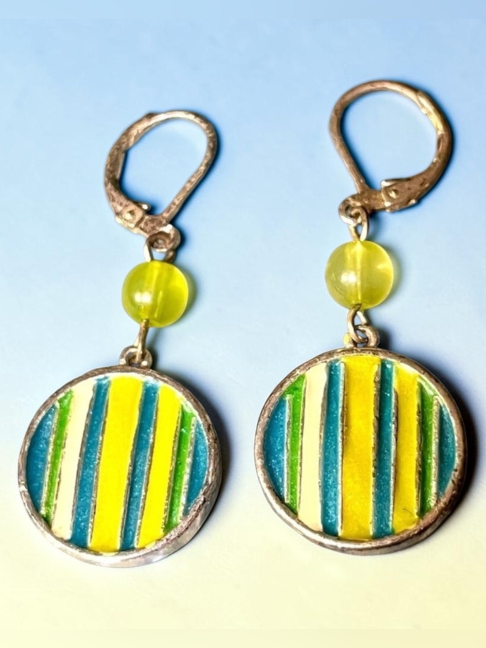 Lime/ Turquoise Enamel Striped Round Beaded Silver Dangle Earrings